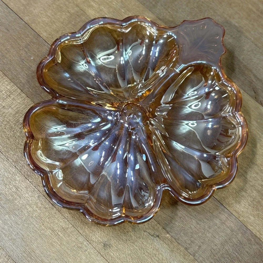 Vintage Jeannette Glass Marigold Carnival 3 Leaf Clover Divided Candy Nut Dish